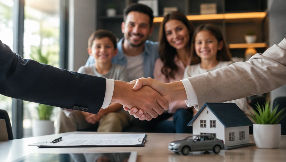 Asesor de seguros dando la mano a familia feliz con casa y auto - Cali Colombia - MC Seguros e Inversiones